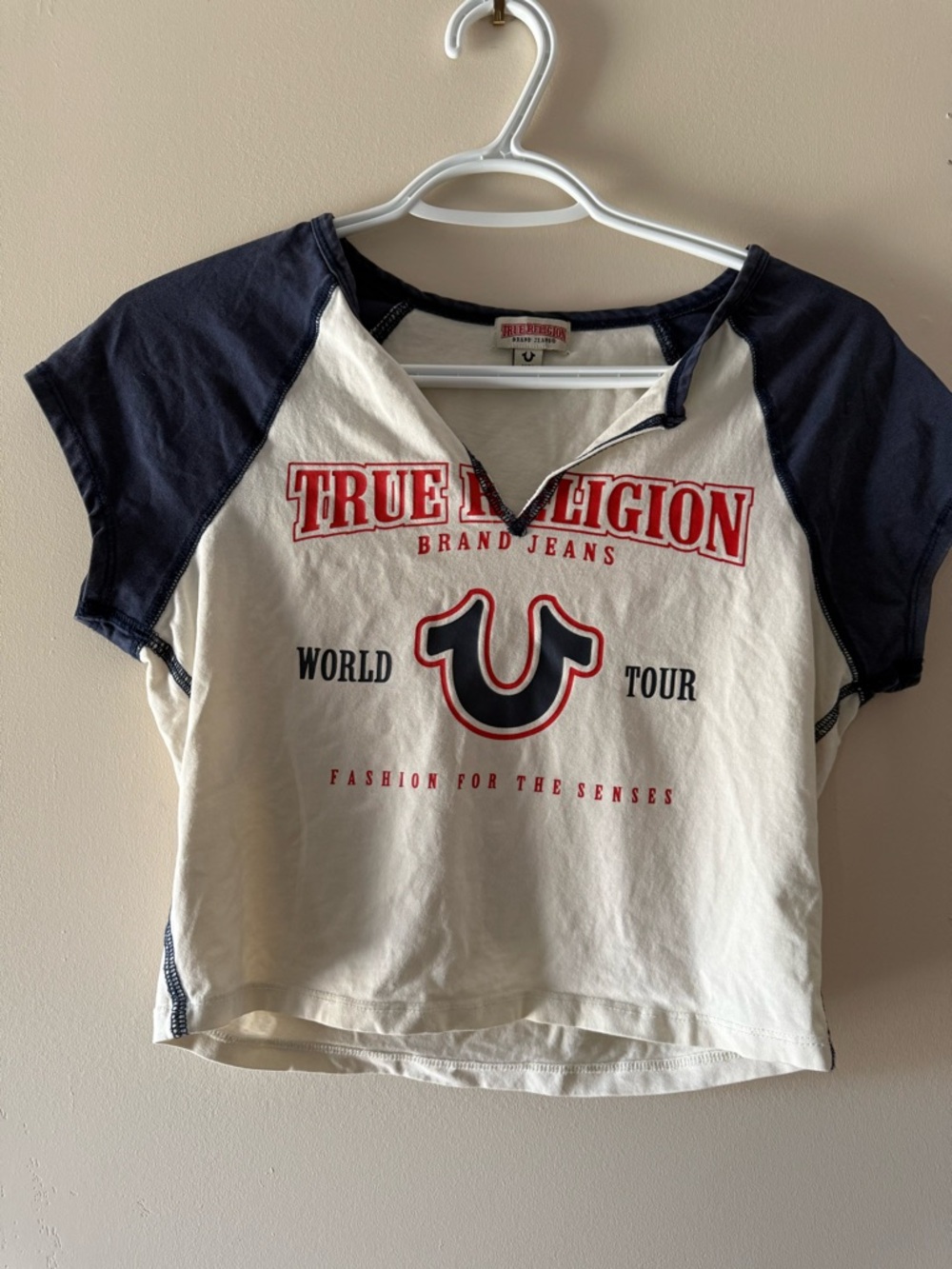 True Religion White Crop Tee with Navy Sleeves and Red Logo